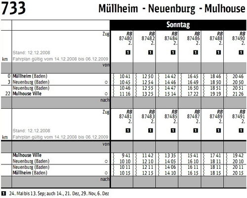 Fahrplan 2009 KBS 733 M&uuml;llheim (Bd) - Neuenburg - Mulhouse (F)